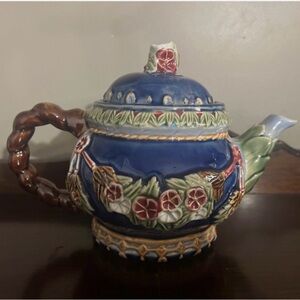 Vintage Majolica Hand Painted Stoneware Teapot Floral Cobalt
